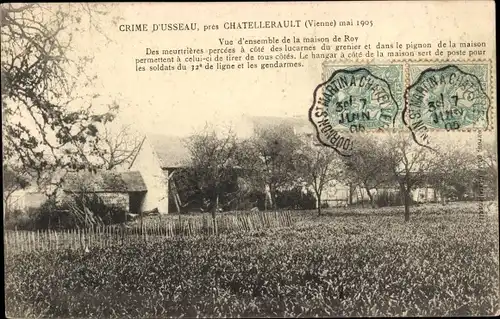 Ak Usseau Deux-Sèvres, Vue d'ensemble de la maison du Roy, Crime d'Usseau mai 1905