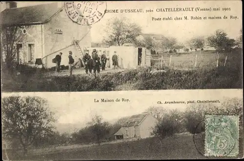 Ak Usseau Deux-Sèvres, Crime mai 1905, Poste etabli chez M. Robin et maison de Roy