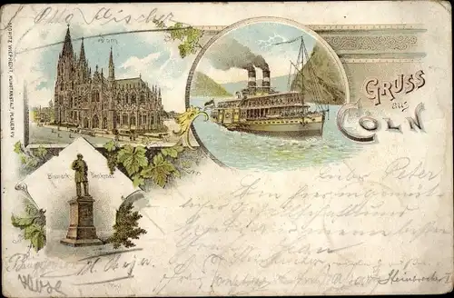 Litho Köln am Rhein, Dom, Bismarck-Denkmal, Dampfschiff