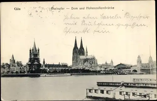 Ak Köln am Rhein, Rheinufer, Dom und Hohenzollernbrücke, Blick über Rhein