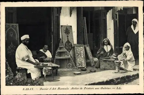 Ak Rabat Marokko, Ouvrier d'Art Marocain, Atelier de Peinture aux Oudaias
