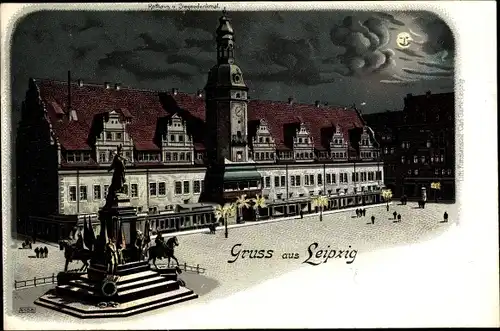 Mondschein Litho Leipzig in Sachsen, Rathaus und Siegesdenkmal bei Nacht