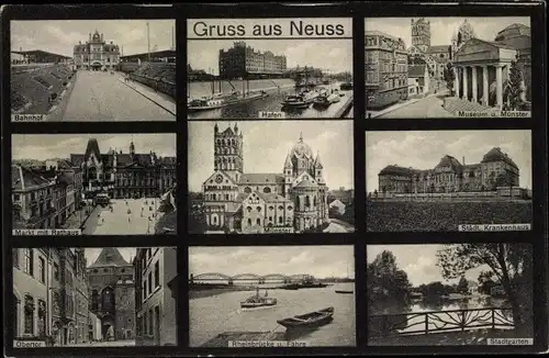 Ak Neuss am Rhein, Rheinbrücke, Stadtgarten, Hafen, Bahnhof, Markt mit Rathaus, Obertor, Münster