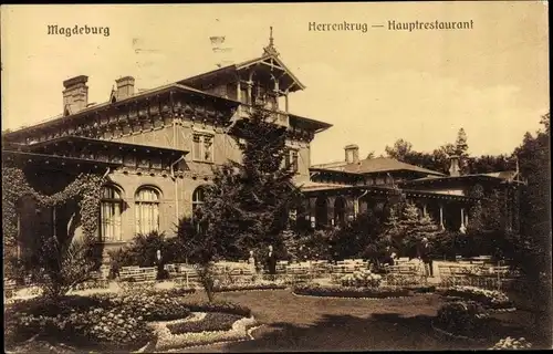 Ak Magdeburg an der Elbe, Herrenkrug, Hauptrestaurant, Gartenanlage