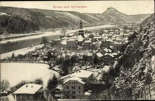Ak Bad Schandau Sächsische Schweiz, Panorama im Schnee, Winterlandschaft, Kirchturm