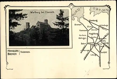 Ak Lutherstadt Eisenach in Thüringen, Wartburg, Landkarte, Deutsche Eisenbahnen