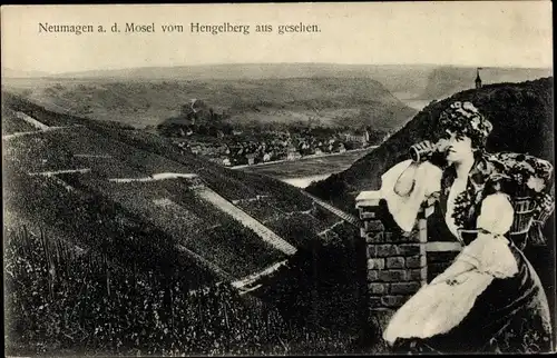 Ak Neumagen an der Mosel, Vom Hengelberg aus gesehen, Dame mit Weinglas