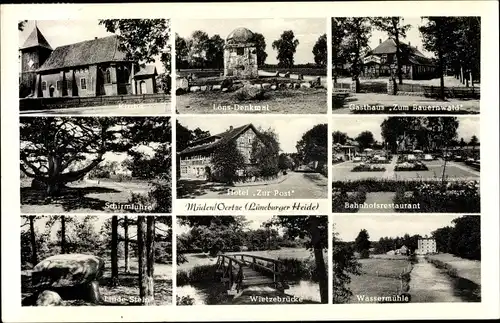 Ak Müden an der Örtze Faßberg Lüneburger Heide, Löns-Denkmal, Wassermühle, Kirche