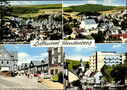 Ak Freudenberg im Siegerland, Flecken mit Schloßberg Hotel, Jakobsbrunnen, Marktstraße