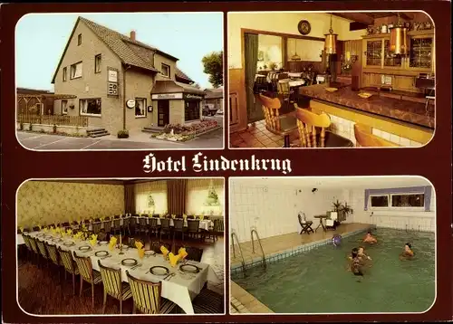 Ak Gütersloh in Westfalen, Hotel Lindenkrug, Außenansicht, Tresen, Speiseraum, Schwimmbecken