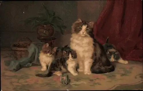 Ak Katzenmutter mit Kindern, Tasse