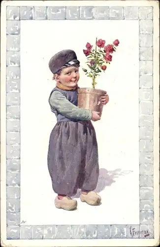 Künstler Ak Feiertag, Karl, Junge in niederländischer Tracht, Rosen, Blumentopf