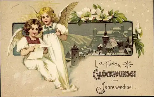 Ak Glückwunsch Neujahr, zwei Engel, Winterszene