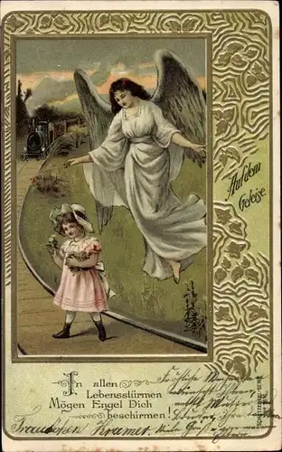 Präge Passepartout Ak Auf dem Geleise, Schutzengel, Mädchen mit Blumen, Eisenbahn