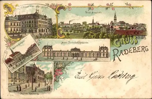 Litho Radeberg in Sachsen, Totalansicht, Bahnhofsgebäude, Markt, Hotel zum Kaiserhof