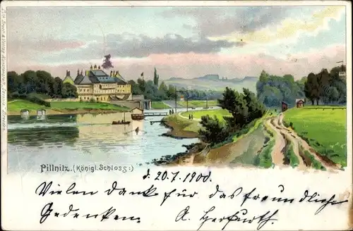 Künstler Litho Dresden Nordost Pillnitz, Blick auf das königliche Schloss