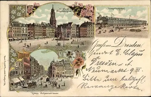 Litho Dresden, Hauptbahnhof, Siegesdenkmal, Alt Markt, Johannstraße