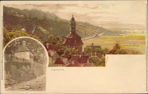 Litho Dresden Loschwitz, Kirche am Elbhang, Ansicht vom Schillerhaus