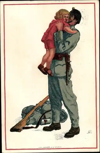 Künstler Ak Schweizerische Nationalspende für unsere Soldaten, Soldat mit Kind