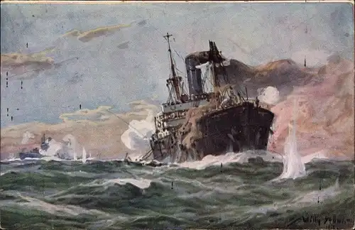 Künstler Ak Stöwer, Willy, Deutsches U Boot im Gefecht mit einem Handelsdampfer im Sperrgebiet