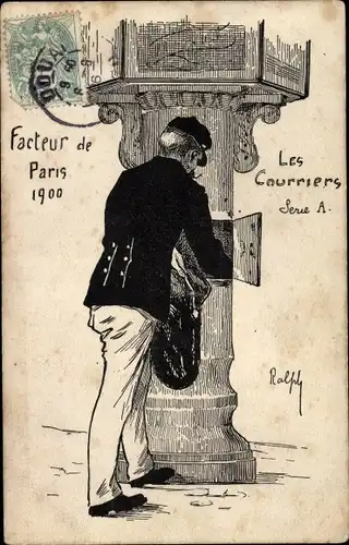 Künstler Ak Facteur de Paris 1900, Les Courriers, Postbeamter leert Postbriefkasten