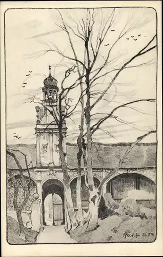 Künstler Ak Pfecht, Halle an der Saale, Stadtgottesacker, Tor, Glockenturm
