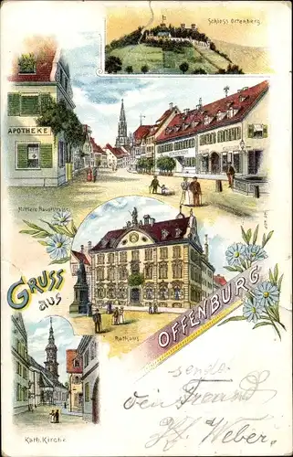 Litho Offenburg am Schwarzwald, Schloss Ortenberg, Apotheke, Mittlere Hauptstraße, Rathaus