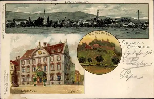 Künstler Litho Münch, C., Offenburg im Schwarzwald, Schloss Ortenberg, Rathaus, Totalansicht