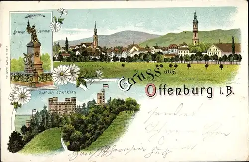 Litho Offenburg im Schwarzwald, Schloss Ortenberg, Kriegerdenkmal, Totale, Kirche