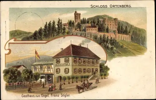 Litho Ortenberg in Baden, Schloss Ortenberg, Gasthaus zum Engel
