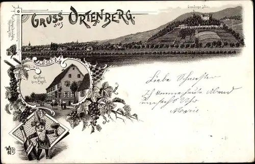 Litho Ortenberg in Baden, Schloss, Gasthaus zum Engel, Zwerg mit Weinflasche