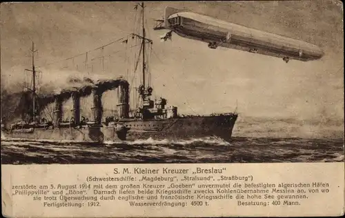 Ak Deutsches Kriegsschiff, SMS Breslau, Kleiner Kreuzer, Zeppelin