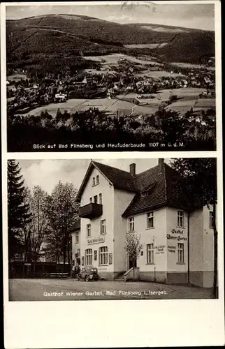 Ak Świeradów Zdrój Bad Flinsberg Schlesien, Blick auf Ort, Heufuderbaude, Gasthof Wiener Garten