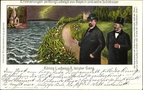 Litho König Ludwigs II. letzter Gang, Erinnerungen an den König und seine Schlösser