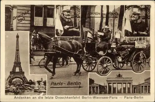 Ak Berlin Mitte, Brandenburger Tor, Eiffelturm in Paris, letzte Droschkenfahrt, Gustav Hartmann