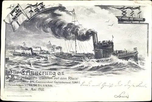 Künstler Ak Deutsches Kriegsschiff, SM Torpedoboots Division auf dem Rhein, Divisionsboot D 4