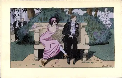 Künstler Ak Sager, X., Liebespaar, Schüchterner Mann, Frau in pinkem Kleid, Park