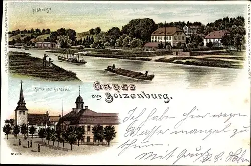 Litho Boizenburg an der Elbe, Ortsansicht, Elbberge, Kirche, Rathaus