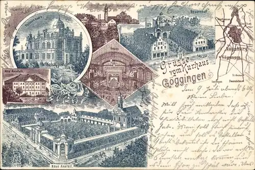 Litho Göggingen Augsburg in Schwaben, Kurhaus, Bauernhof, Neue Anstalt, Palmenhaus, Alte Anstalt
