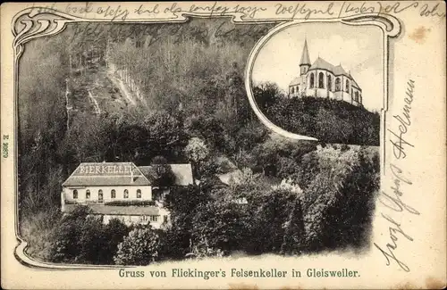Ak Gleisweiler in der Pfalz, Flickingers Felsenkeller, Bierkeller, Kirche