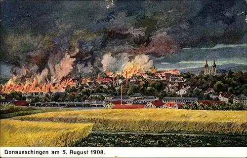 Künstler Ak Donaueschingen im Schwarzwald, Brand der Stadt 5. August 1908, Stadtplan