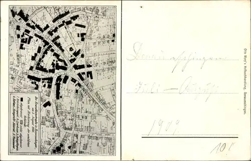 Künstler Ak Donaueschingen im Schwarzwald, Brand der Stadt 5. August 1908, Stadtplan