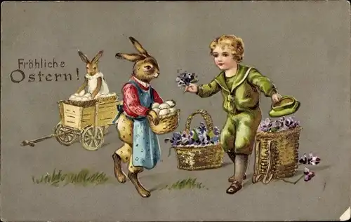 Präge Ak Glückwunsch Ostern, Osterhasen, Junge verkauft Veilchen, Ostereier