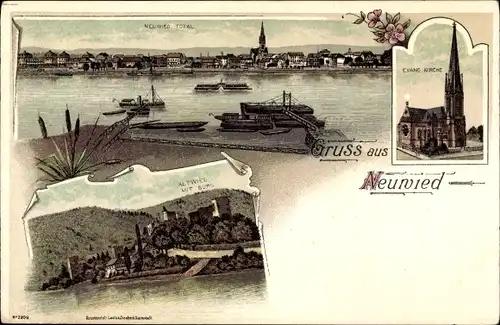 Litho Neuwied am Rhein, Panorama, Kirche, Burg