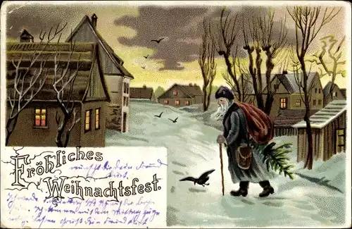 Litho Frohe Weihnachten, Weihnachtsmann in verschneitem Dorf