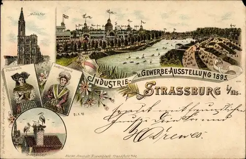 Litho Strasbourg Straßburg Elsass Bas Rhin, Industrie- u. Gewerbeausstellung 1895, Münster, Trachten