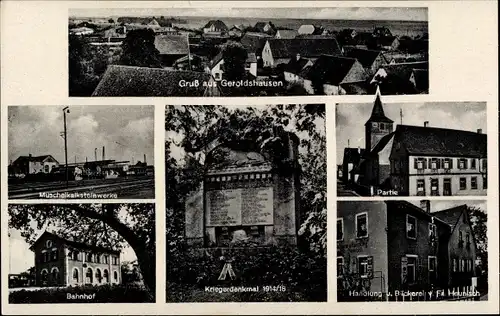 Ak Geroldshausen Unterfranken, Muschelkalksteinwerke, Bahnhof, Handlung Heunisch, Kriegerdenkmal