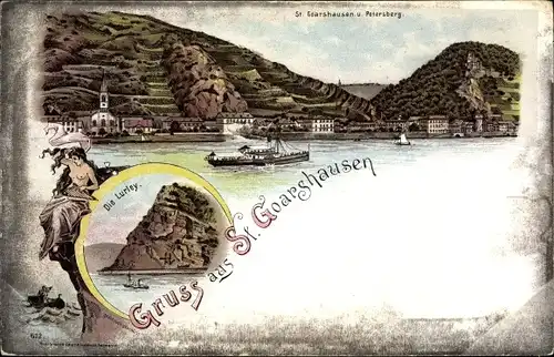 Litho Sankt Goarshausen am Rhein, Die Lurley, Petersberg, Salondampfer