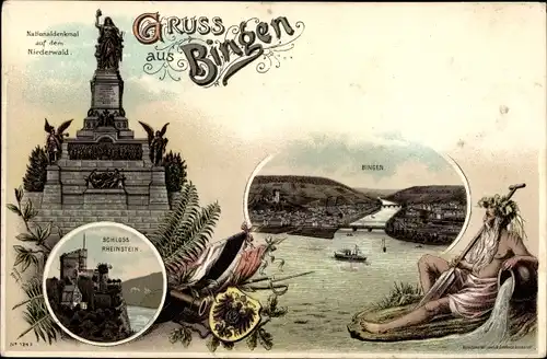 Litho Bingen am Rhein, Schloss Rheinstein, Nationaldenkmal auf dem Niederwald