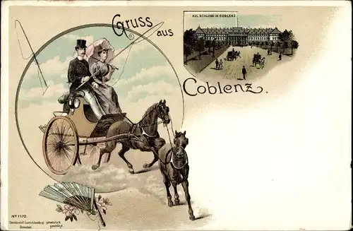 Litho Koblenz am Rhein, Königliches Schloss, Kutsche, Fächer, Pferde